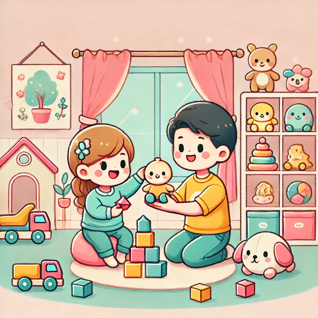 Dall·e 2024 10 26 09.55.35 A Cute Chibi Style Illustration Of A Naturalistic Developmental Behavioral Interventions Ndbis Session With A Child And An Adult Playing Together Wi