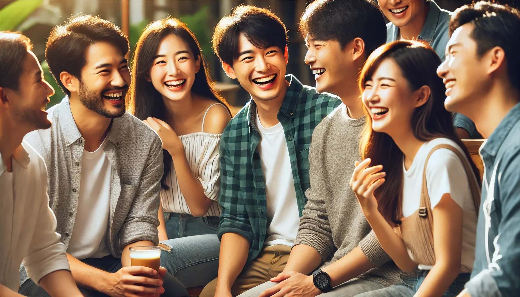 Dall·e 2024 10 28 13.58.20 A Lively Group Of Taiwanese People Both Men And Women Smiling And Chatting In A Friendly Happy Atmosphere. They Are Outdoors Possibly In A Park Or