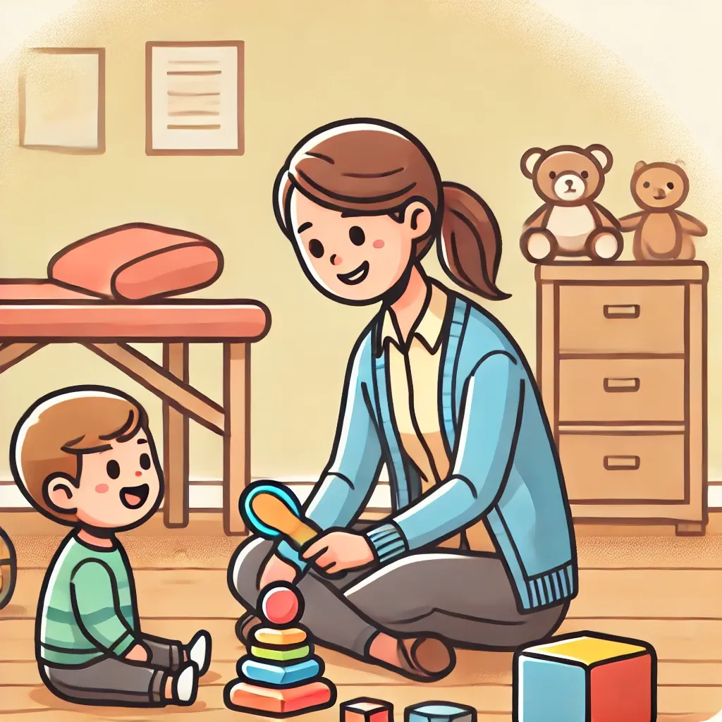 Dall·e 2024 10 05 09.59.16 A Cartoon Illustration Of A Therapist And A Young Child Sitting On The Floor In A Therapy Room Engaging In A Play Based Therapy Session. The Therapis