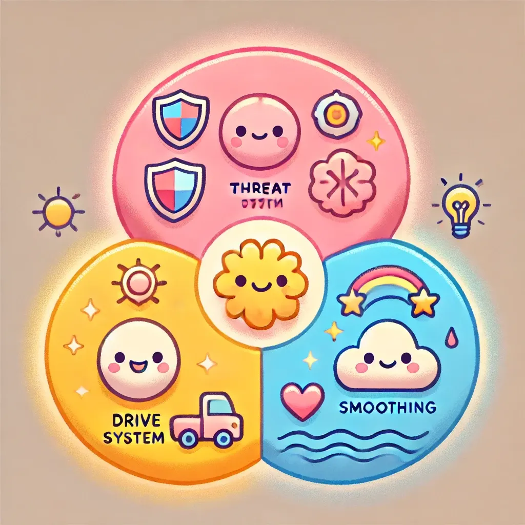 Dall·e 2024 10 23 13.20.39 A Warm Soft Cartoon Style Visual Representation Of Three Emotional Regulation Systems In Pastel Colors Pink Yellow And Blue. The Image Shows Three