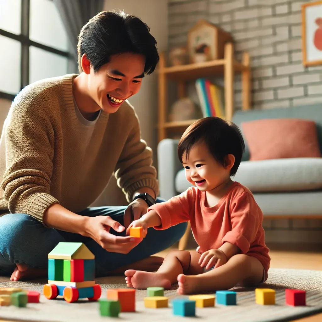 Dall·e 2025 01 02 14.45.28 A Heartwarming Scene Of An Asian Parent Interacting With A Young Toddler In A Bright And Cozy Living Room. The Parent Is Sitting On The Floor Engagin